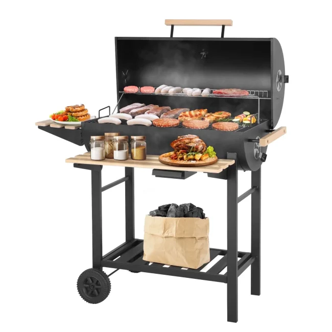 30-Inch Barrel Charcoal Grill with Warming Rack & Front Storage Basket, Outdoor BBQ Grill with 956 sq. in. Grilling Area